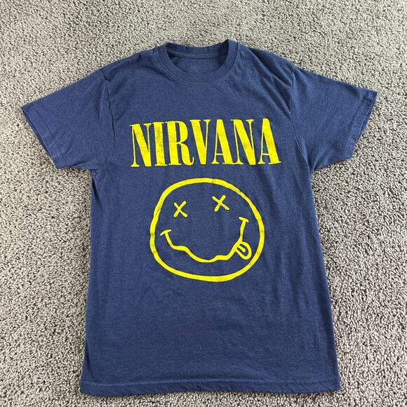 Nirvana Shirt Womens Medium Blue Yellow Smiley Print Grunge Kurt Cobain Ladies - Picture 2 of 9